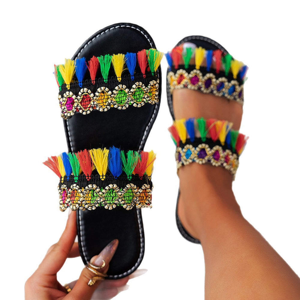 export tassel beach sandals women's  summer new bohemian flat large size slippers wholesale