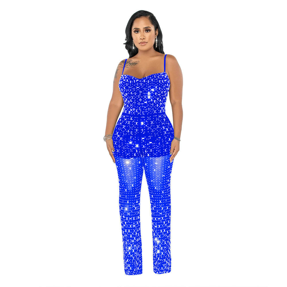 C6556 cross-border   fashion women's hot diamond mesh suspender sleeveless pants jumpsuit