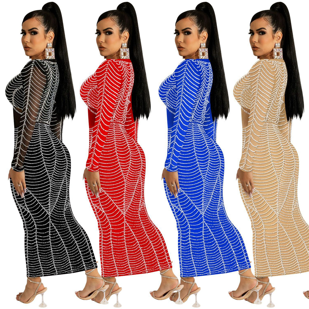 C5912   fashion sexy nightclub hot diamond mesh see-through v neck long sleeves long skirt dress women