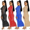 C5912   fashion sexy nightclub hot diamond mesh see-through v neck long sleeves long skirt dress women