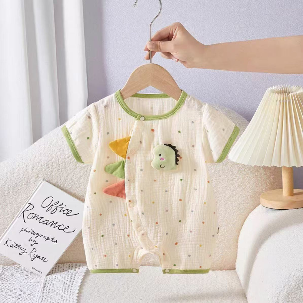 Infant and toddler summer lightweight muslin cotton romper, unisex baby cartoon spooky fresh short-sleeve onesie, sweat-absorbent and breathable