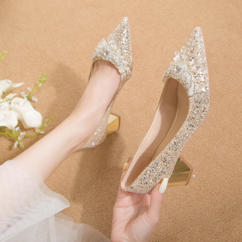 Pointed-toe wedding shoes for women, new 2023 collection: bridal shoes, suitable for everyday wear, bridesmaid shoes, french crystal shoes