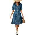 fashion lapel long sleevespatchworkcasual denim dress women's classy single-row multi-button waist long skirt