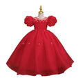 Ready-to-ship children's formal dress: bubble sleeve floral wedding dress, princess party dress for girls