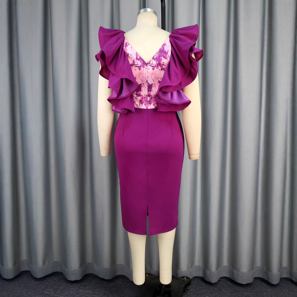 new plus size v-neck ruffle dress - color block sheer bodycon party & evening gown