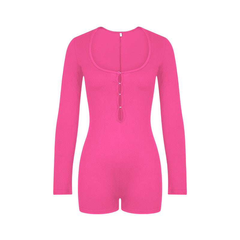 Solid color basic hollow slim-fitting long-sleeved jumpsuit women's European and American autumn new jumpsuit  Independent Station