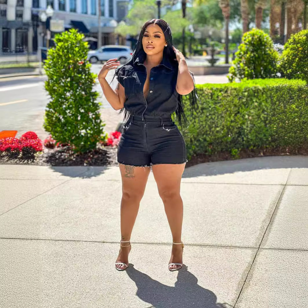 Amazon cross-border hot seller: european and american style sexy short-sleeve stretch denim jumpsuit romper - new summer collection