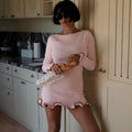 Aliexpress fashion: new autumn/winter european & american style women's elegant solid color round neck lace trim short long sleeve knitted dress