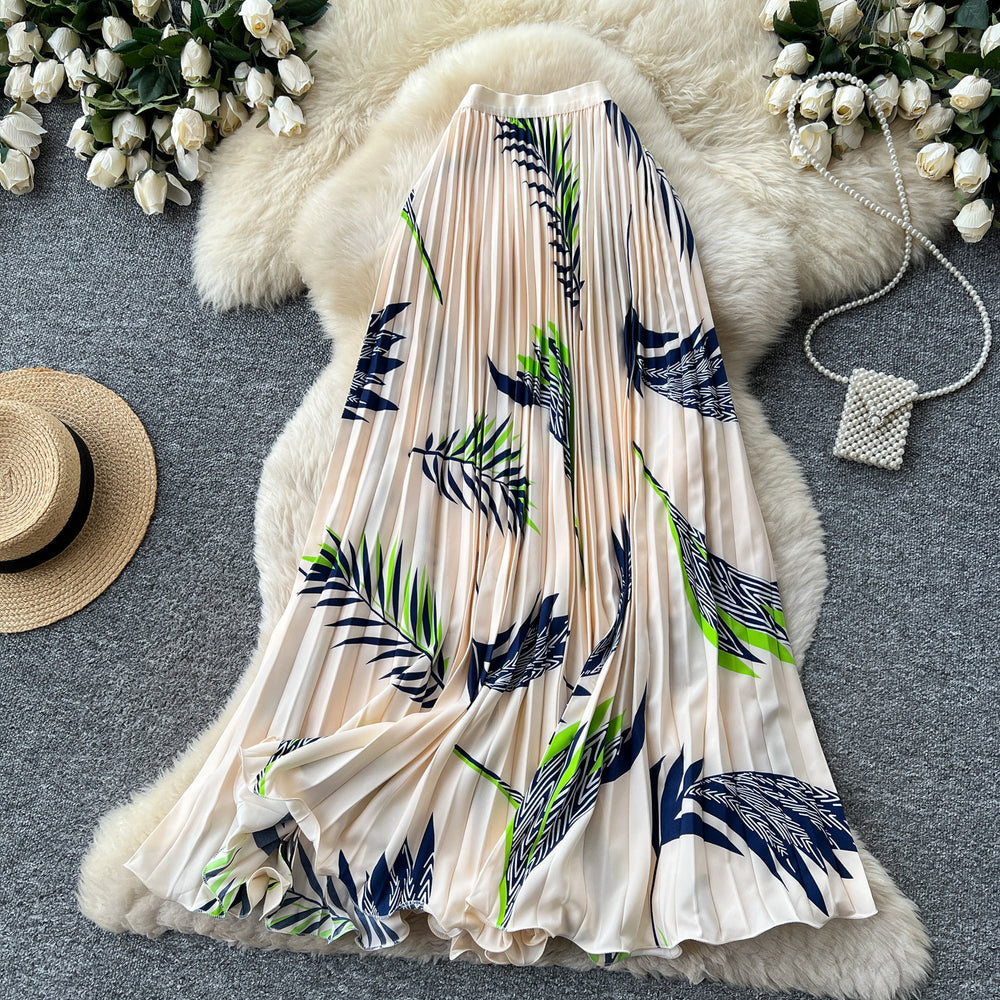 French printinghigh waistslimming looka-line pleated skirt women's summer midi skirt vacation style elegant work clothing skirt