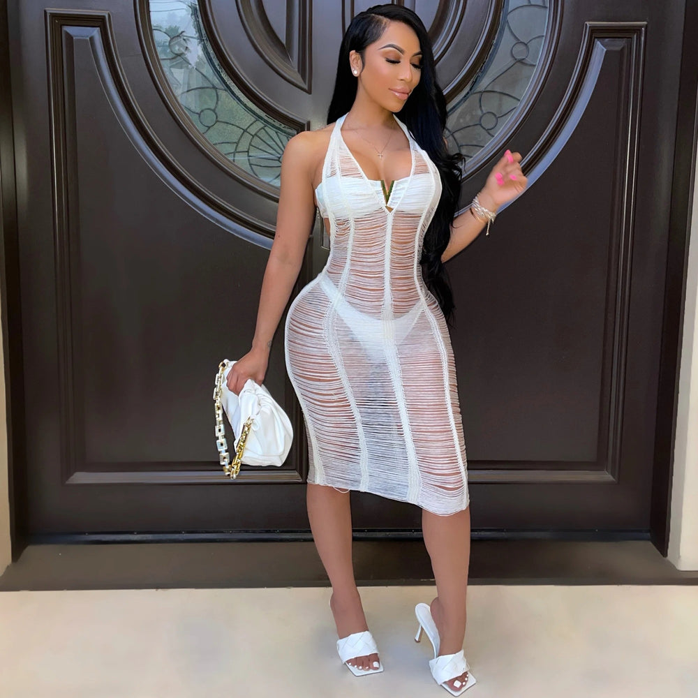 summer new sexy women's fashionable socialite hollow-out see-through beach knit bodycon dress halter knit dress