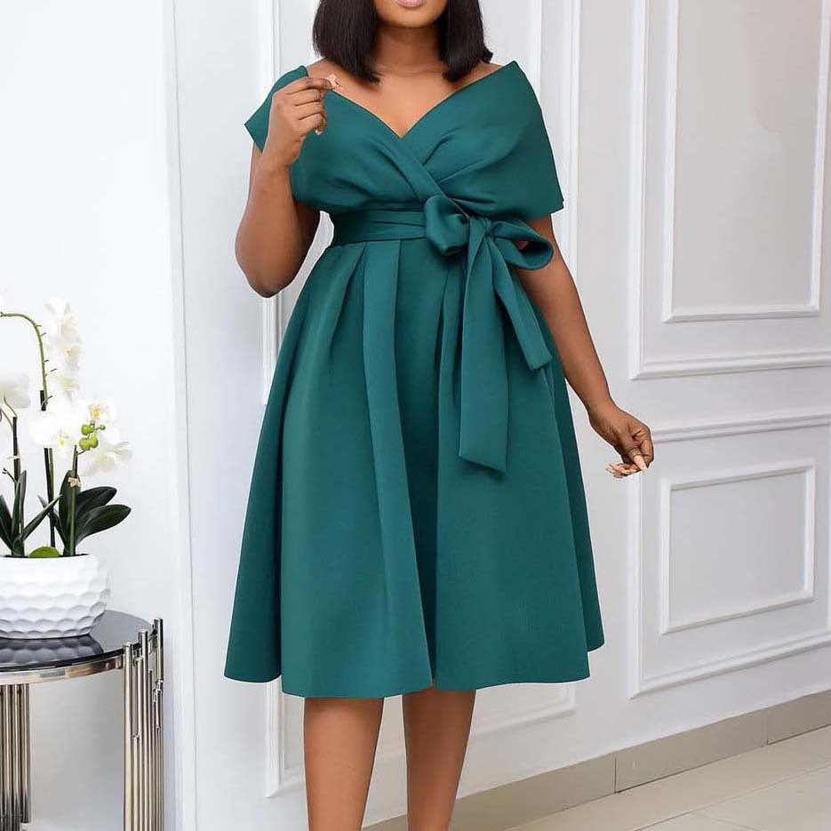 C8483 cross-border women's clothing  new v-neck ruched waist tie-up sexy dress fashion european and american style evening gown