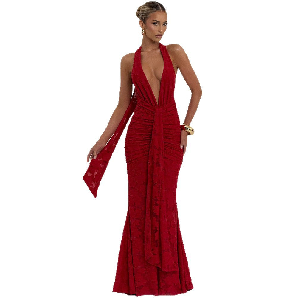 european and american cross-border new women's sexy deep v backless bodycon dress with tie-up ruched mermaid skirt