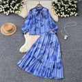 Gentle wind two-piece set women's frenchclassy sense bowstie back lantern sleeve printingshirt drape skirt
