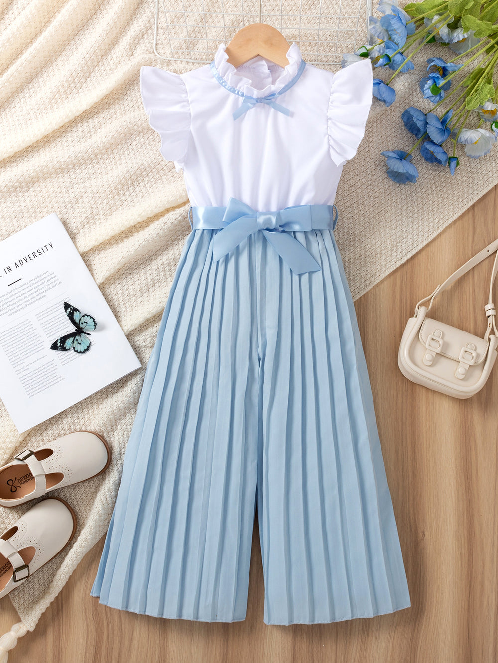european and american style cross-border girls' flutter sleeve ruffle collar top with pleated wide-leg pants and belt (jumpsuit)