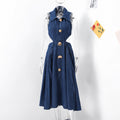 Chic hong kong style retro denim dress - women's designer button-down hollow-out slim fit midi dress with slit and knee-length design