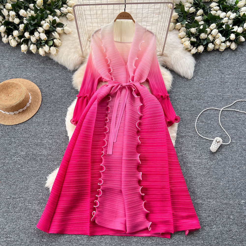 Fashion style loose strap mid-length miya pleated outwear women's fashionable gradient color fungus edge pleated dress
