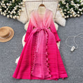 Fashion style loose strap mid-length miya pleated outwear women's fashionable gradient color fungus edge pleated dress