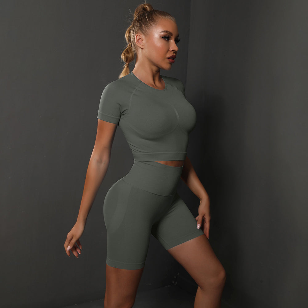 fashion seamless peach butt pure color high elastic yoga short sleeve shortssuitrunning sports fitness two-piece set