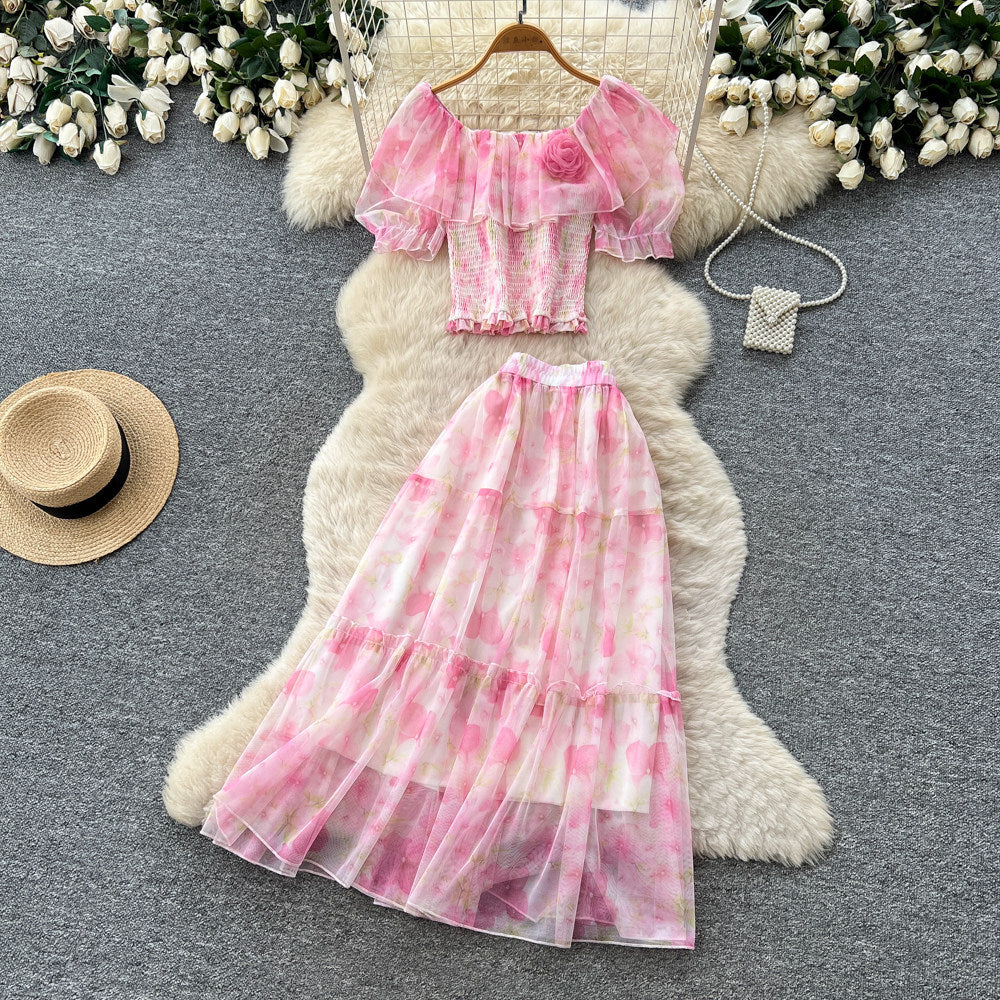 French romantic one-shoulder bubble sleeve floral two-piece set - women's summer high-waisted mesh cake skirt elegant outfit