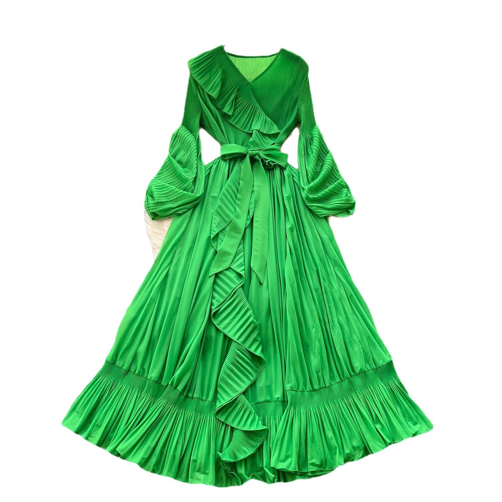 French style socialite issey miyake pleated v-neck long sleeve tie-waist ruffle hem maxi dress - elegant women's flowing dress