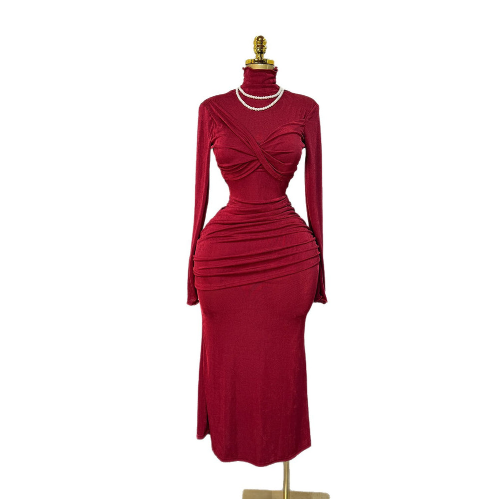 fashion style evening dress  spring new arrivalfashionelegant silhouette high collar chest wrap hip long sleevesdress
