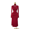 fashion style evening dress  spring new arrivalfashionelegant silhouette high collar chest wrap hip long sleevesdress