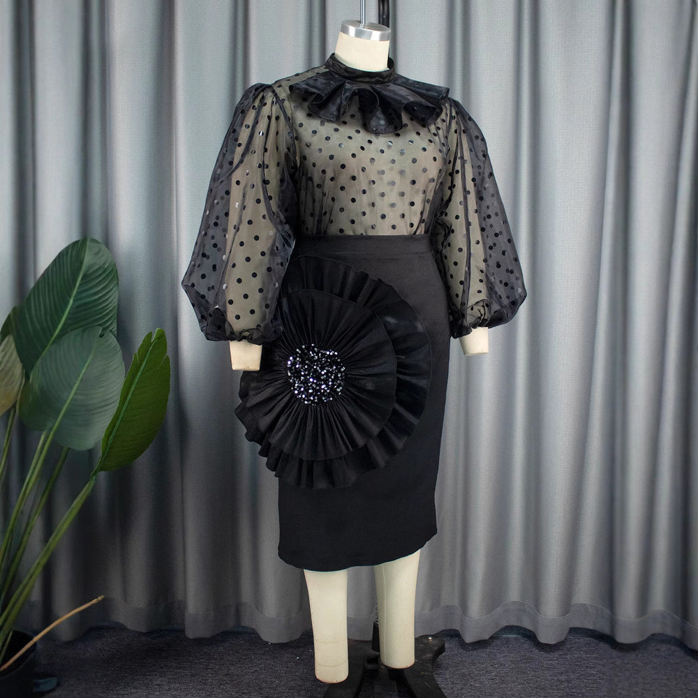 Sexy see-through polka dot mesh blouse suit stereo florals skirt two-piece set two-piece set