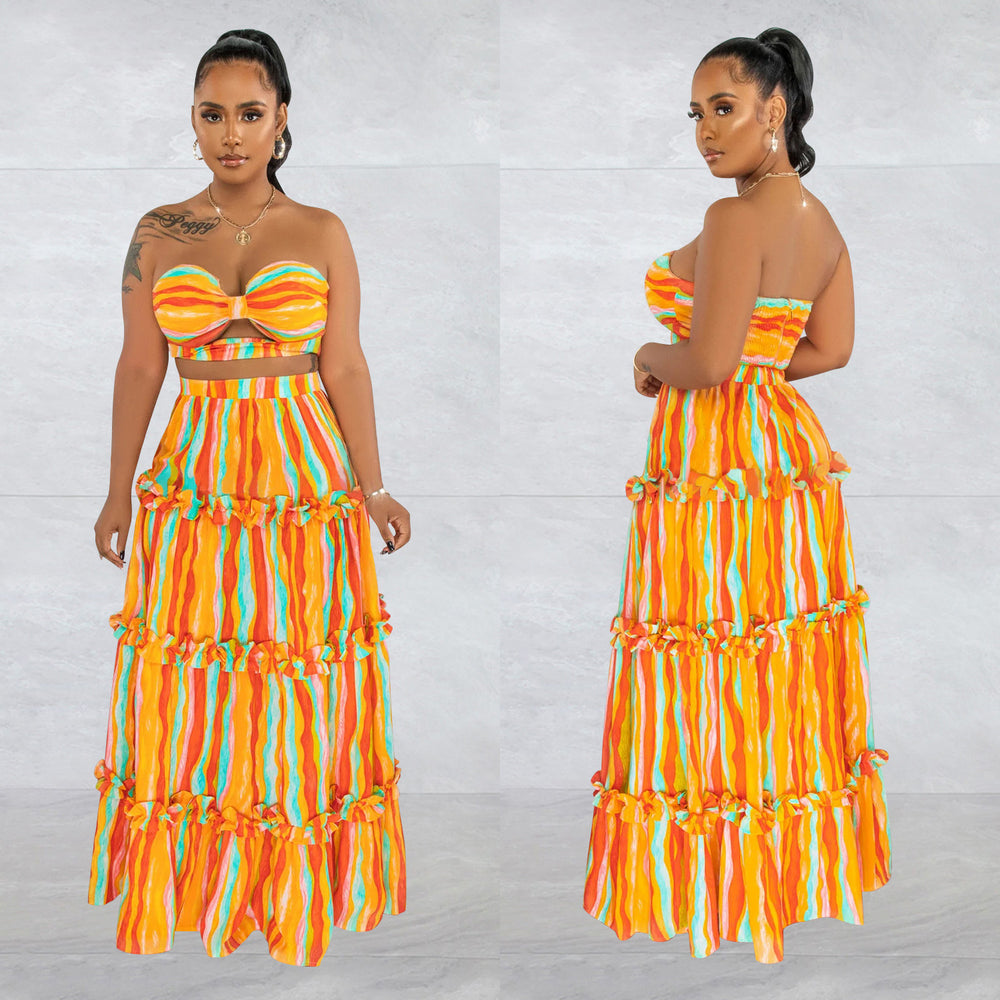 X6646 cross-border   fashion women's sleeveless bandeau striped print maxi dress two-piece set