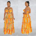 X6646 cross-border   fashion women's sleeveless bandeau striped print maxi dress two-piece set