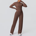 New arrival: solid color brushed fleece breathable zip-up jacket & wide-leg yoga pants set - perfect for running, fitness, and activewear