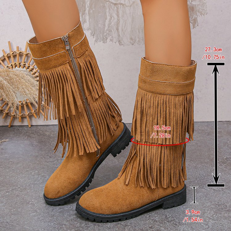 Cross-border large-size boots for women, autumn and winter fringed European and American wind side zipper, retro wind rivet knight boots for women
