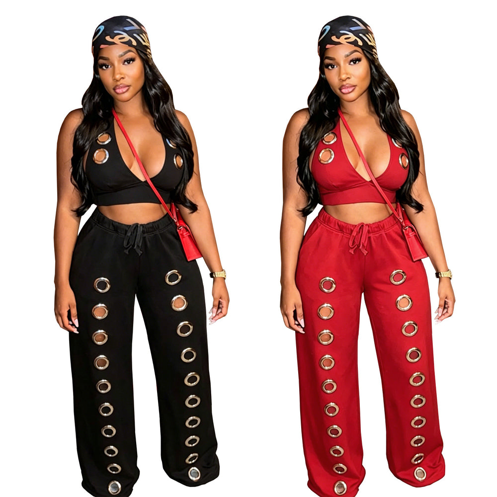 C7712 cross-border   fashion women's fashion trendy eyelet loose straight wide leg pants suit