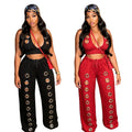 C7712 cross-border   fashion women's fashion trendy eyelet loose straight wide leg pants suit
