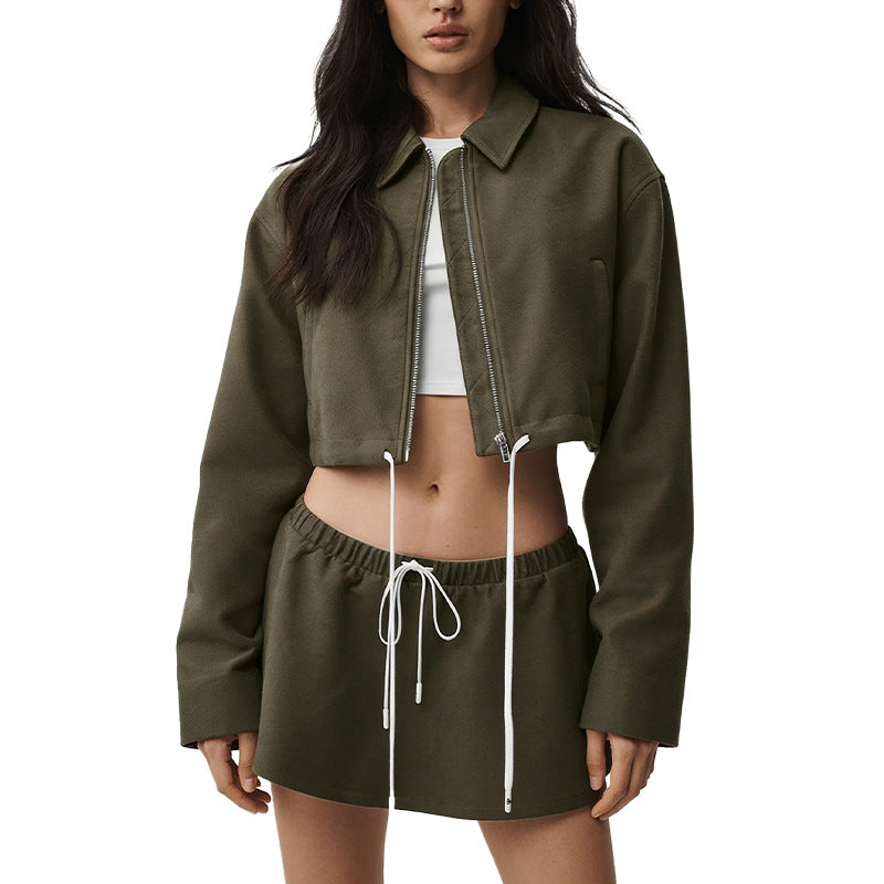 new arrival cotton mixed draped loose waist cord breathable stand collar zipper outwear short skirt casual sports suit