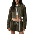 new arrival cotton mixed draped loose waist cord breathable stand collar zipper outwear short skirt casual sports suit