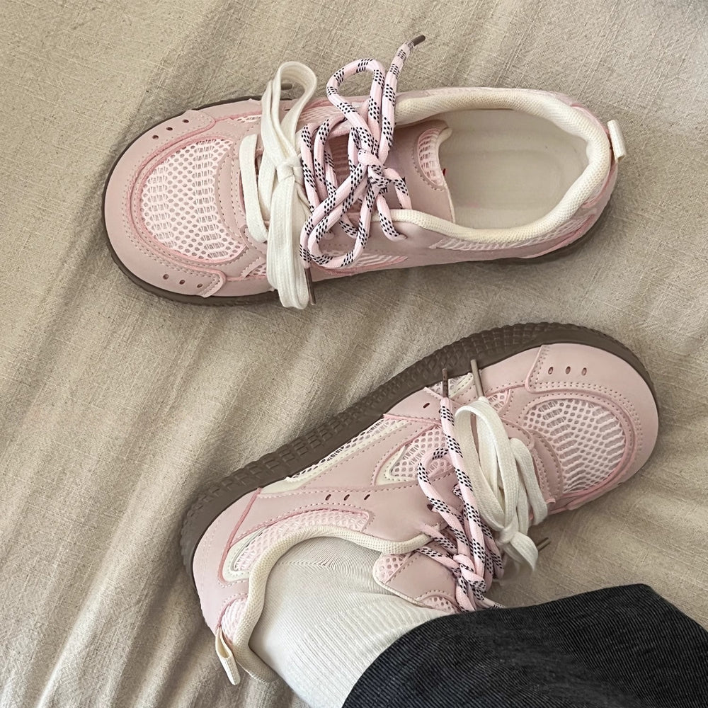 Pink double mesh german training sneakers for women, ugly and cute spring and summer new arrivalchicniche stylek-stylelow ankleeasiest for match sports white shoes