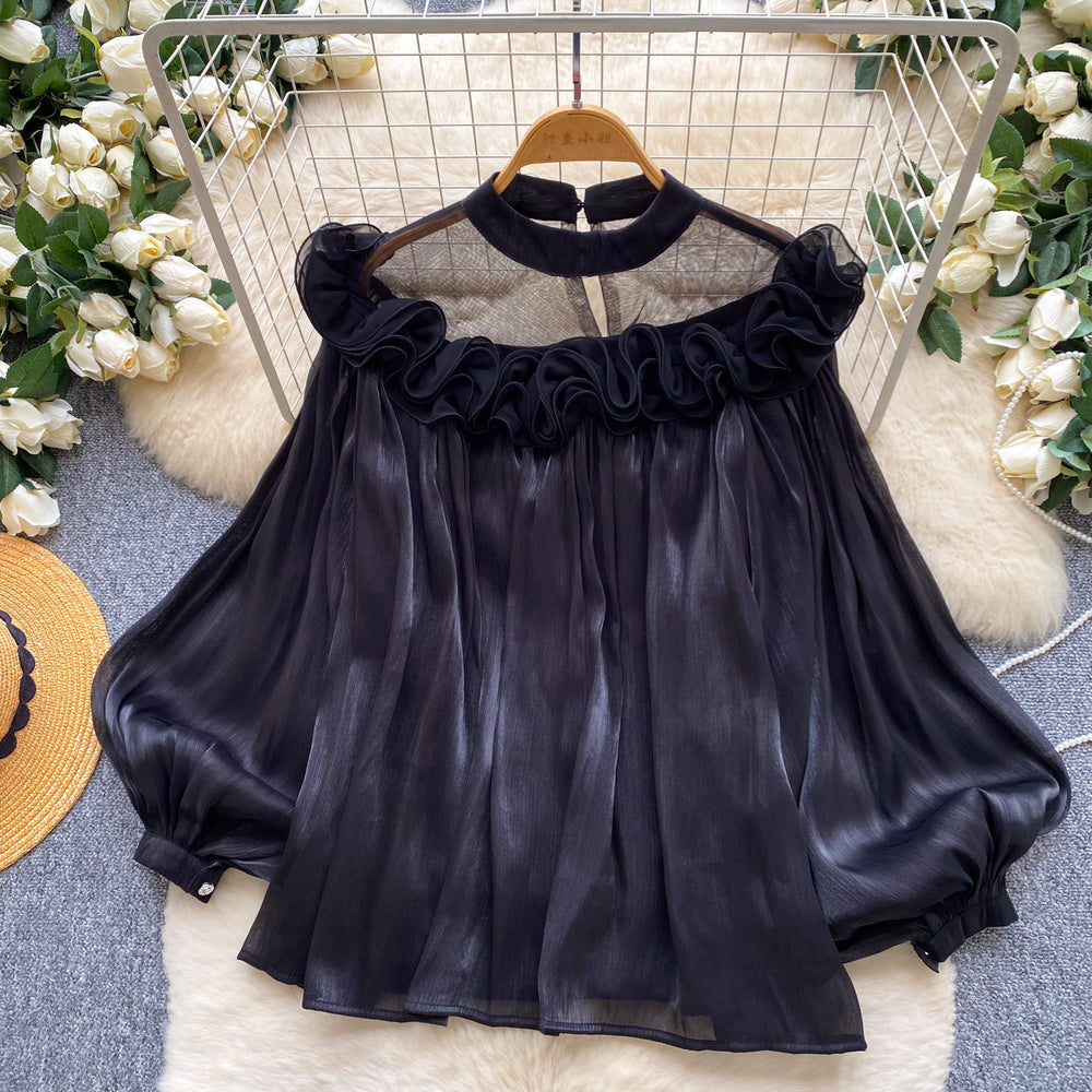 Korean style commute-friendly, skin-friendly, breathable ruffle hem blouse - women's summer long sleeve mesh oversized pink girly top