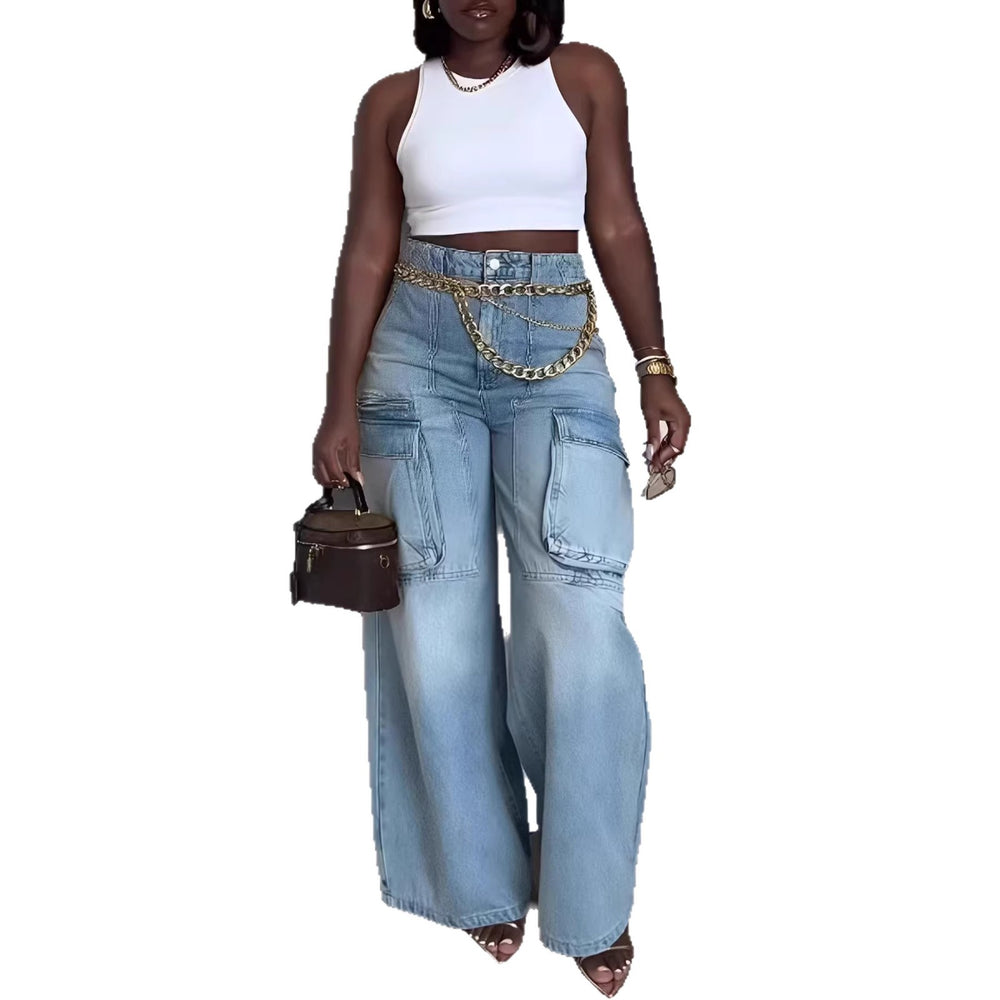 new european and american cross-border  independent station foreign trade women's pants workwear pocket fashion jeans women