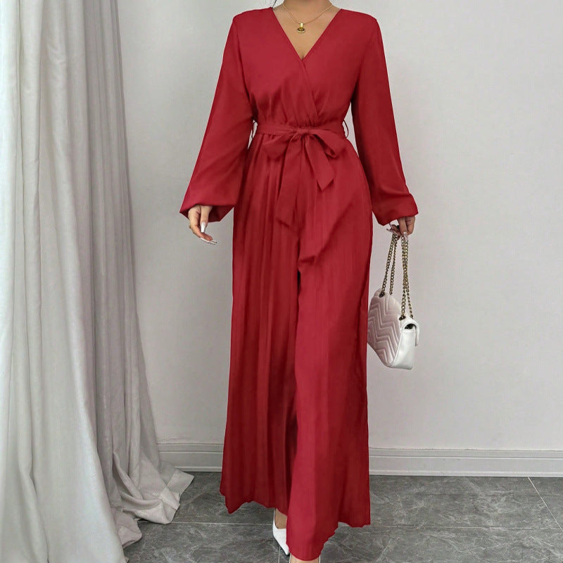 Real shot export1688fashion puff sleeve v neck tie waist pleated wide leg jumpsuit