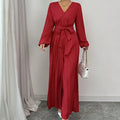 Real shot export1688fashion puff sleeve v neck tie waist pleated wide leg jumpsuit