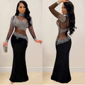 C7025 cross-border   independent station fashionfashion women's new hot diamond round neck dress length