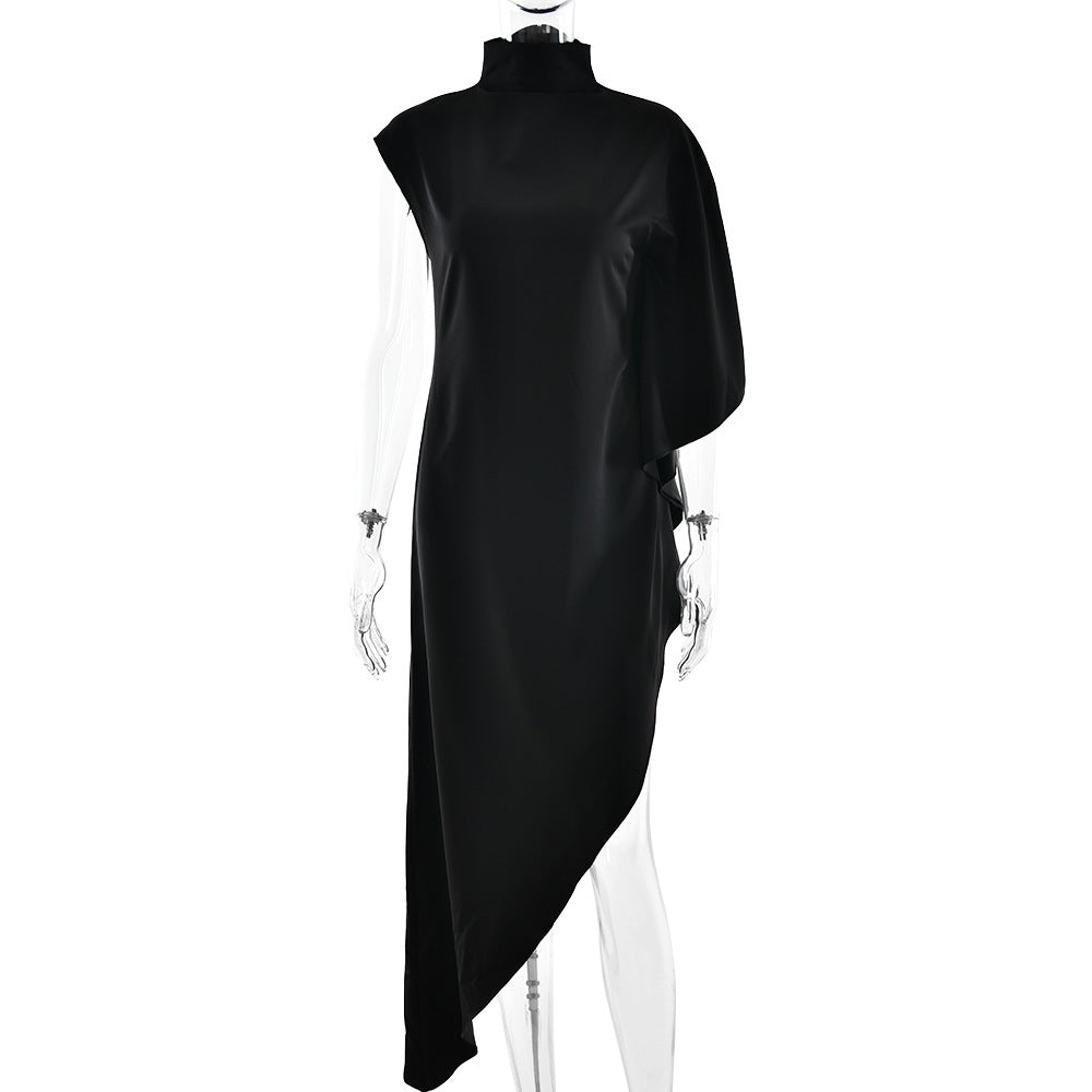 Europe and the United States  2025 summer new semi-turtleneck beveled edge dress celebrity temperament loose sleeveless dress long dress women