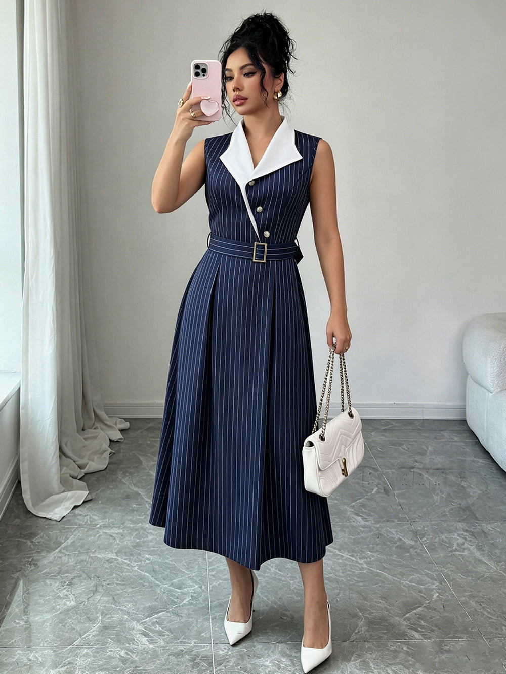 cross-border fashion women's work dress - navy pinstripe v-neck blouse dress with belted waist for a slimming silhouette