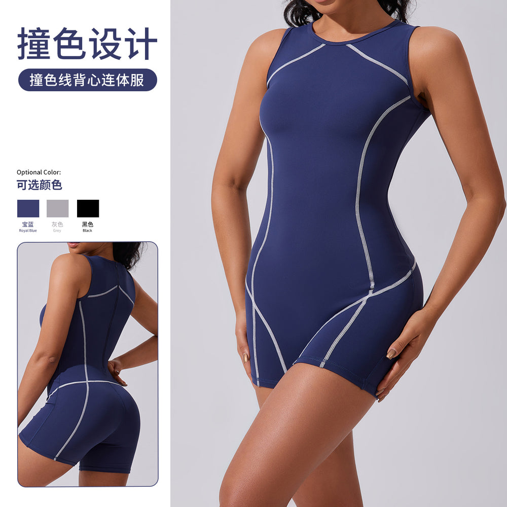 European and american summer color block zipper yoga jumpsuit women's dance bodysuit aerial silk workout bodysuit breathable fitness apparel