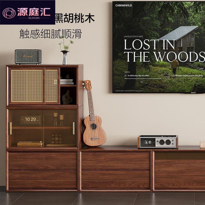 Black walnut solid wood sideboard bookcase low cabinet floor-standing bookshelf plaid storage rack storage cabinet coffee table tv cabinet