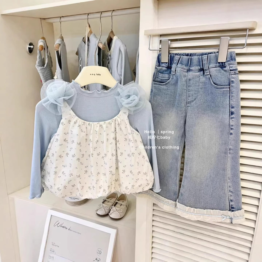 【dropshipping】girls' outfit  new baby lace camisole & floral print two-piece set - korean style