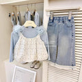 【dropshipping】girls' outfit  new baby lace camisole & floral print two-piece set - korean style