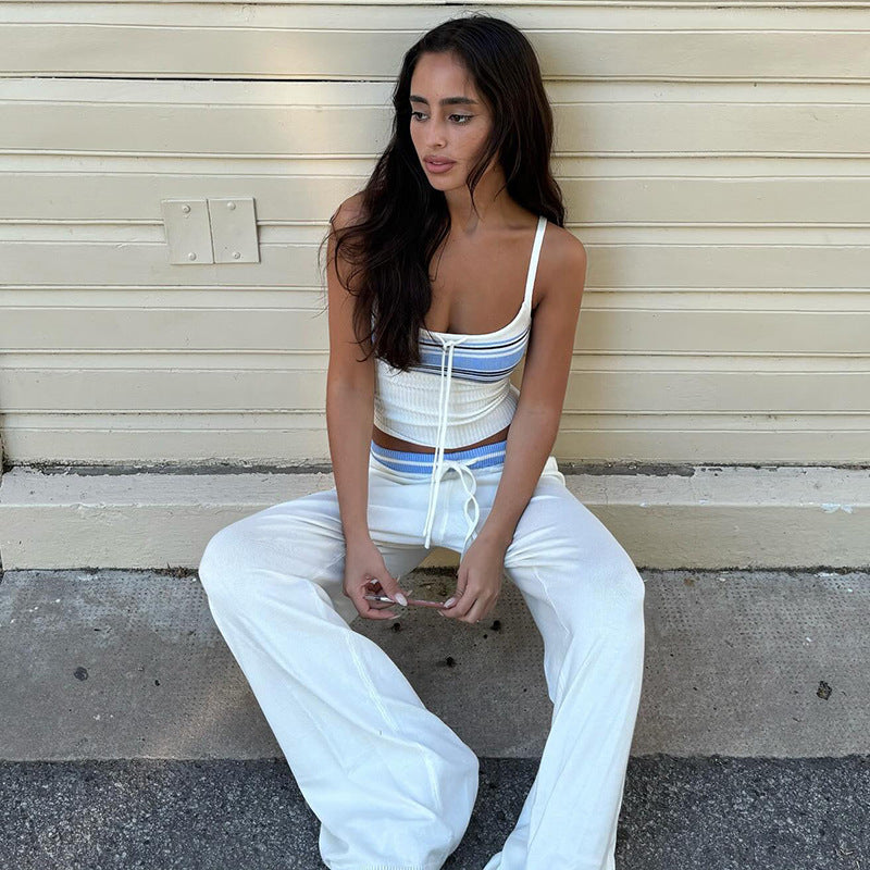 Summer American retro striped casual suit woolen suspender top contrasting color loose lace-up trousers two-piece set women