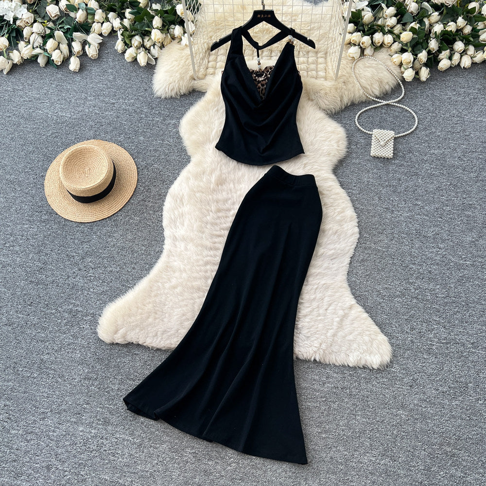Pure desire style work clothing leopard print patchwork vest skirt two-piece set women's summer backless pleated silmslimming looksuit