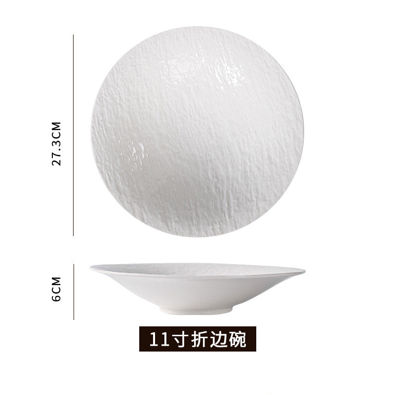 European-style embossed pure white tableware ceramic folded edge bowl large capacity ceramic salad fruit table stylish creative noodle bowl